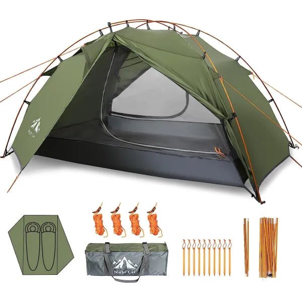 HikeWare Night Cat 2-person backpacking tent with aluminum poles set up outdoors, showing the tent's durable fabric and ventilation.
