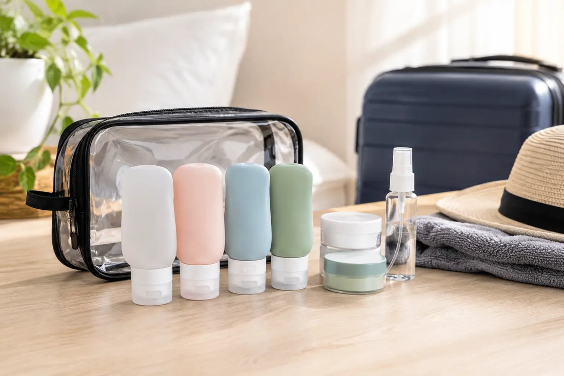 Pastel refillable toiletry bottles, cream pots and a spray bottle beside a clear wash bag, towel and suitcase.