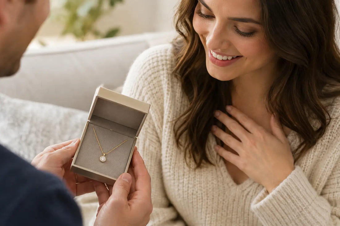 Woman receiving a necklace in an open jewellery gift box in a softly lit living room.