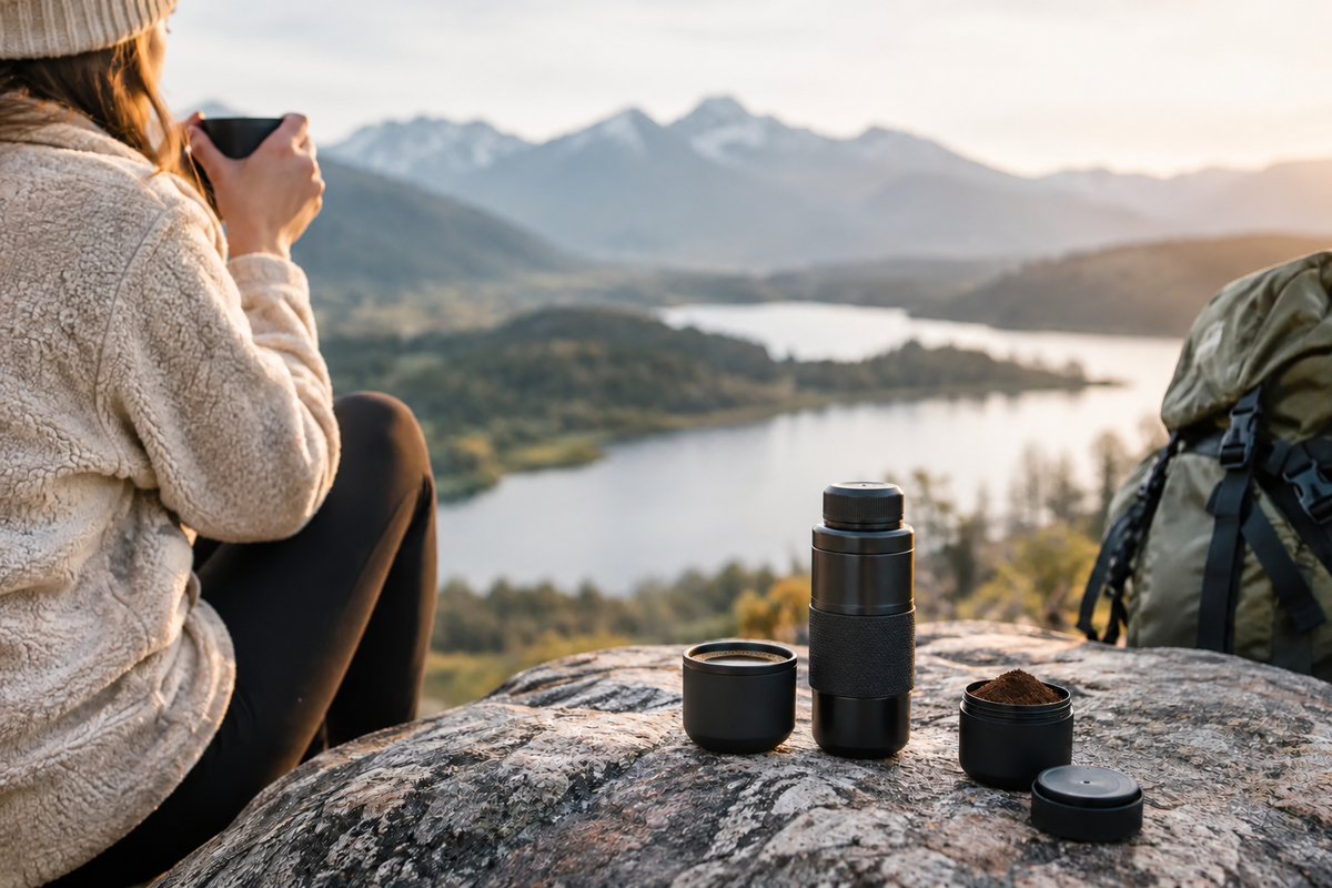 Traveller enjoying coffee beside a mountain lake, with a portable coffee maker and cup resting on a rock.