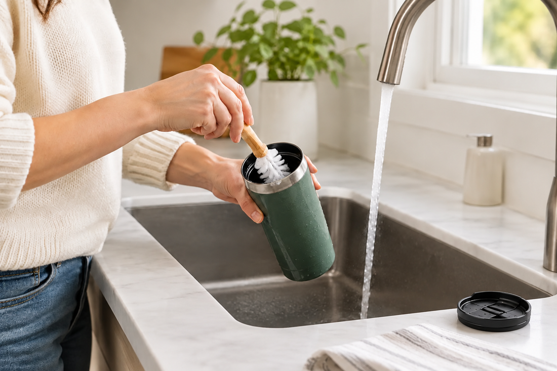 A green travel mug being cleaned with a soft brush, with its detached black lid resting flat on the kitchen worktop.