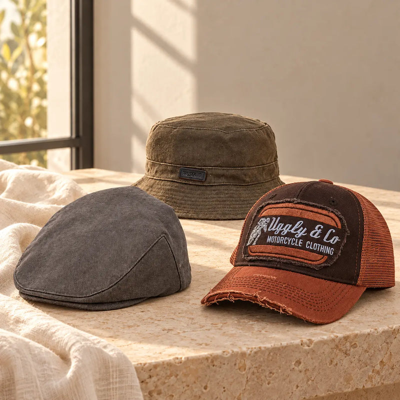 Charcoal flat cap, olive-brown fisherman hat and rust Uggly&Co trucker cap arranged on pale stone in warm window light.