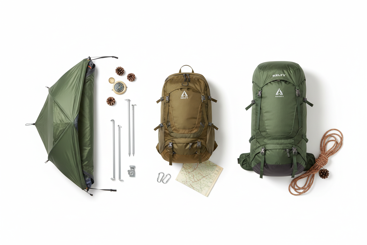 Kelty tents and backpacks flat-lay — Wireless 2P tent, Redwing 30 pack, and Asher 55L rucksack on white background