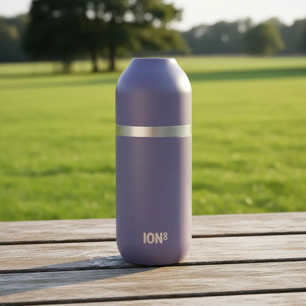 ION8 Luma vacuum insulated purple flask and mug set, 700ml (24oz), featuring sleek design and durable stainless steel construction.