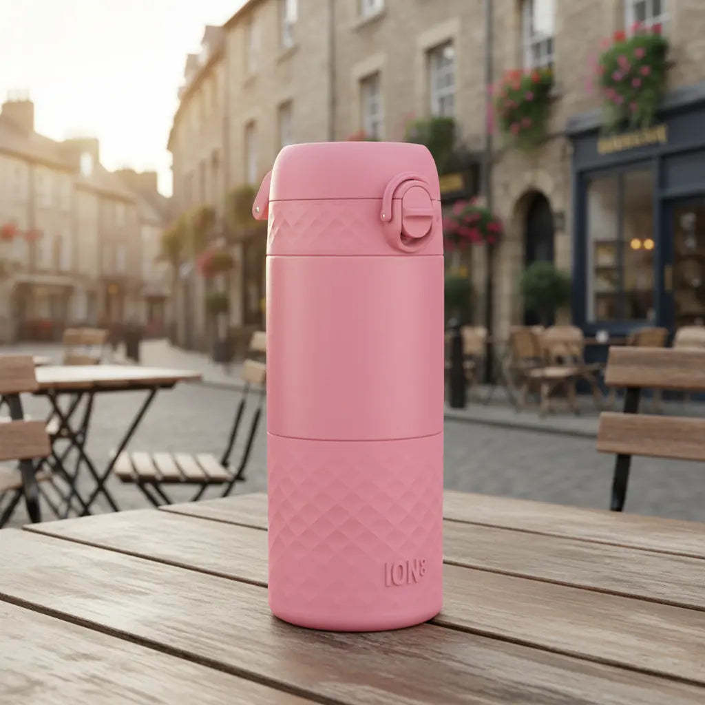 ION8 insulated steel travel mug with rose bloom design, 360ml capacity, featuring a spill-proof lid and sleek, durable construction.