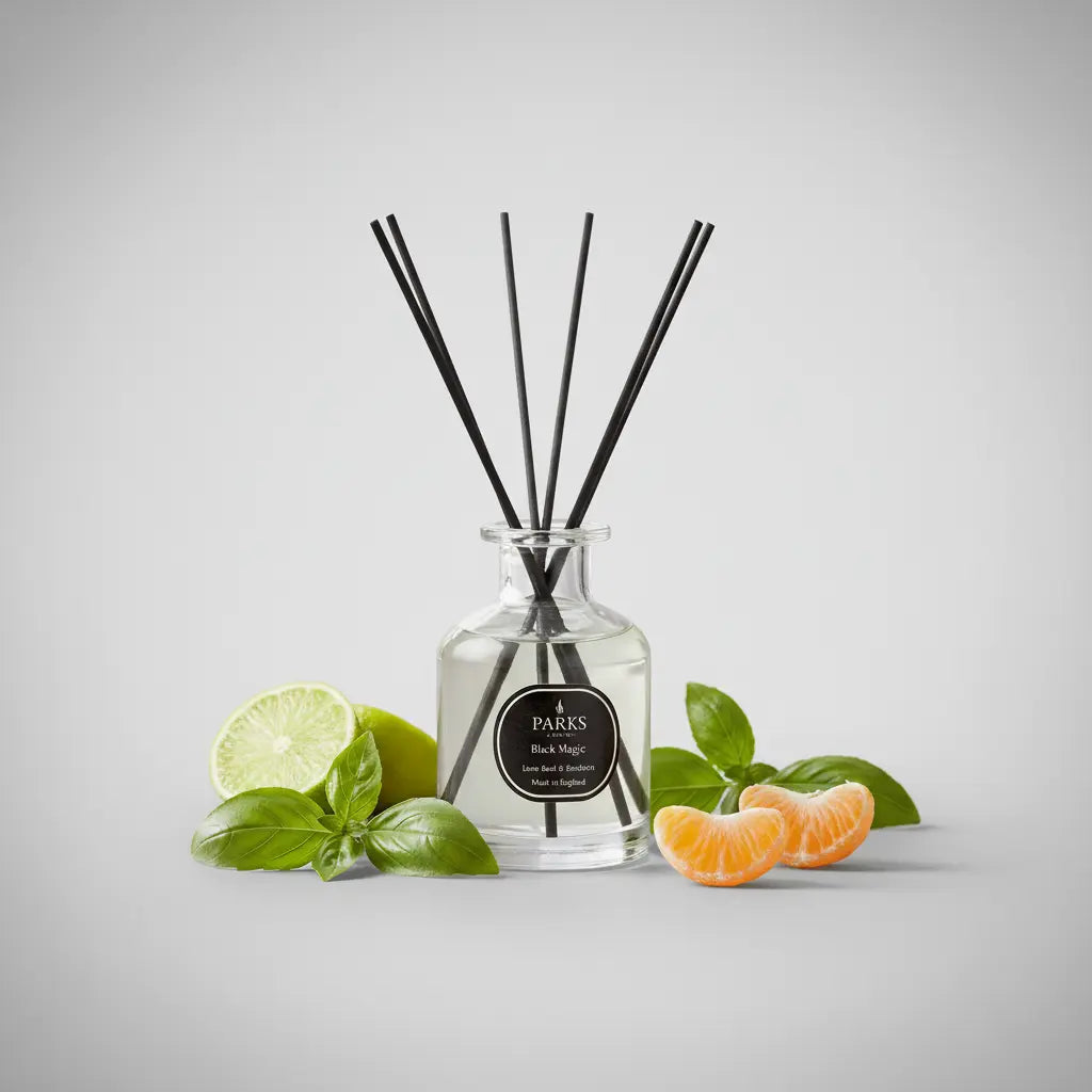Parks London reed diffuser in clear glass apothecary bottle with black label and five black reeds, styled with fresh lime, basil leaves and mandarin segments on a silver backdrop