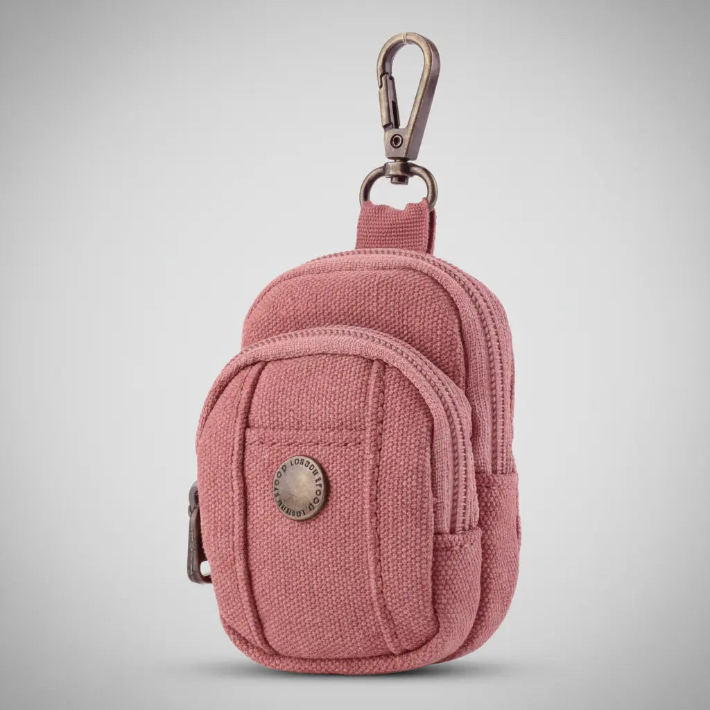 Troop London mini canvas bag charm in dusty pink, shaped as a tiny backpack with zip compartments and antique bronze carabiner clip, angled view on a silver backdrop