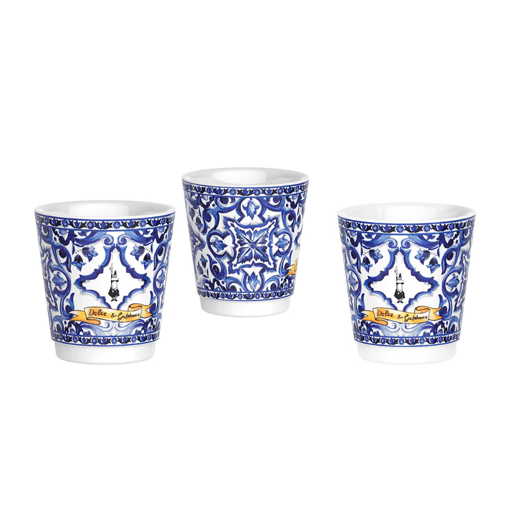 Bialetti Blue Mediterranean gift set with 6-cup Moka coffee maker and stirrer, featuring Dolce&Gabbana-inspired design by Brew Italia