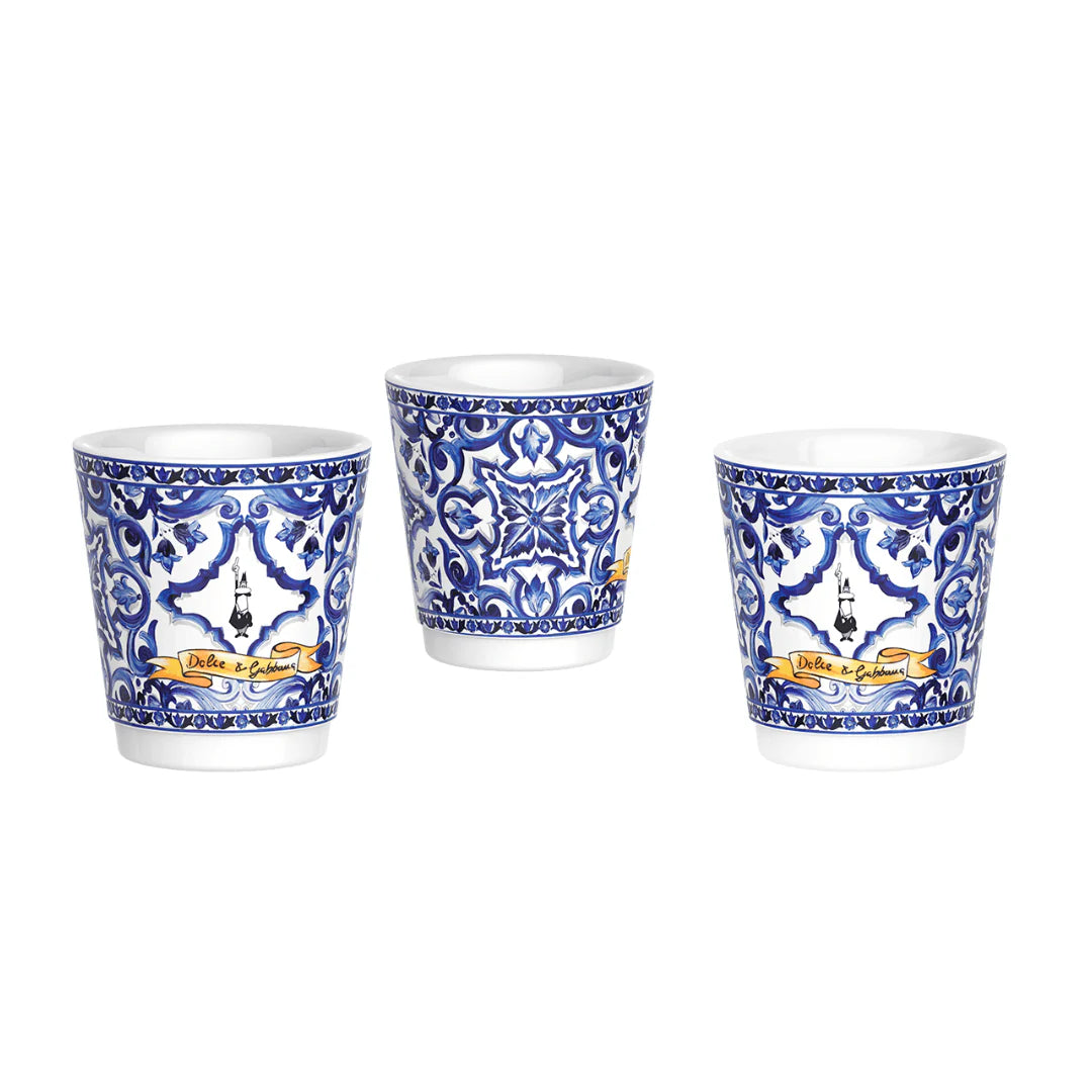 Bialetti Blue Mediterranean gift set with 6-cup Moka coffee maker and stirrer, featuring Dolce&Gabbana-inspired design by Brew Italia