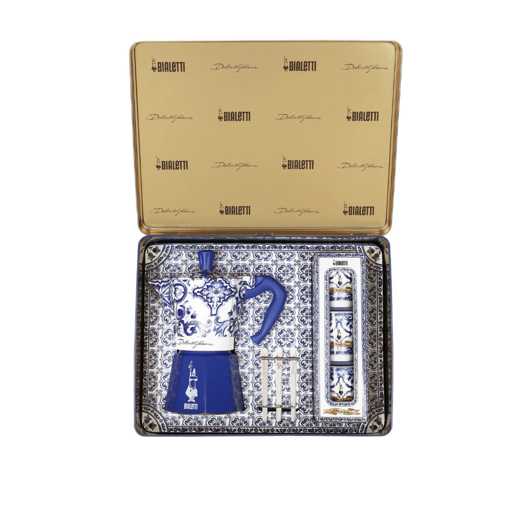 Bialetti X Dolce&Gabbana Blue Mediterranean gift set with 6-cup Moka coffee maker and stirrer, branded Brew Italia.