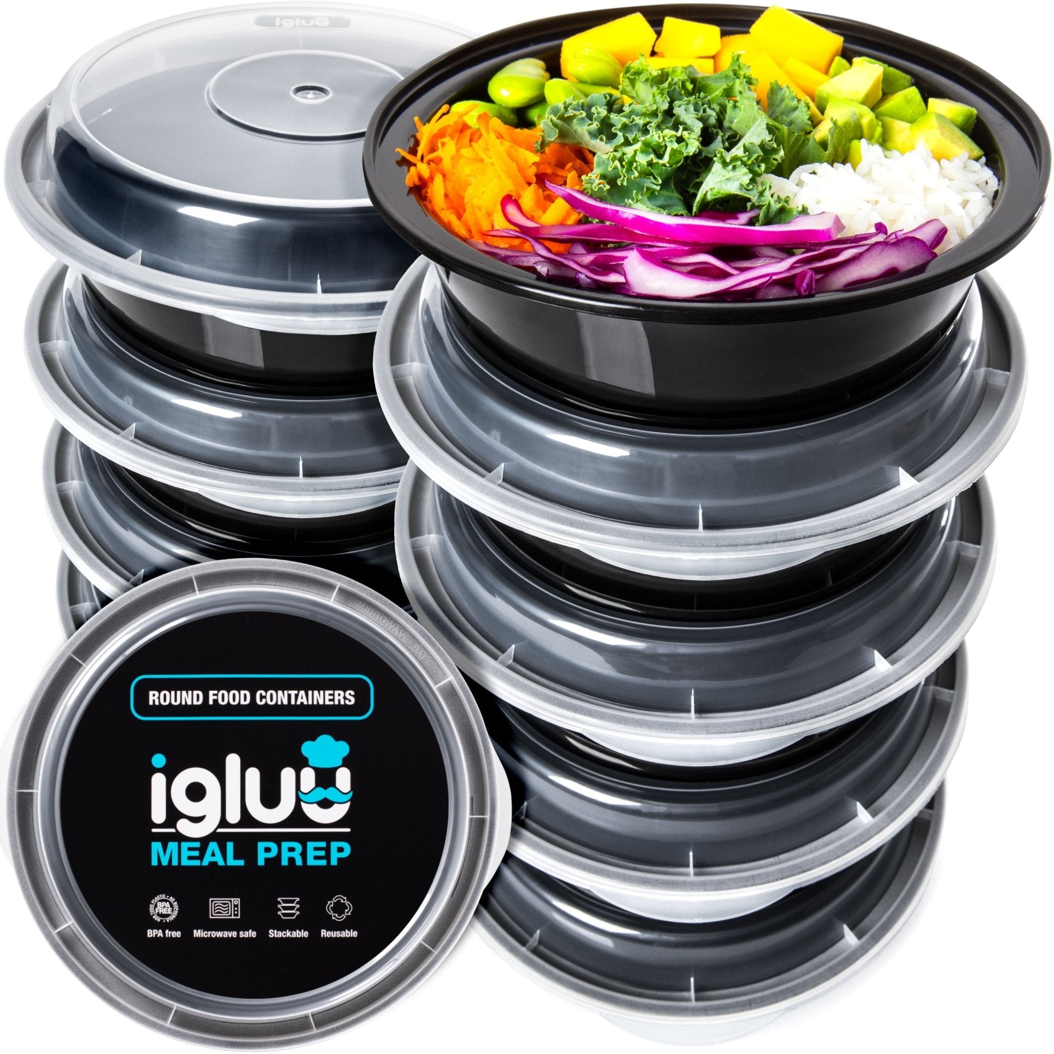 Round Igluu Meal Prep reusable containers with airtight lids, 828ml capacity, ideal for storing and organizing meals.