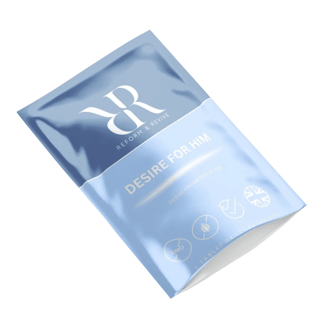 Reform and Revive Desire for Him vitamins bottle with colorful label, dietary supplement for men's wellness.