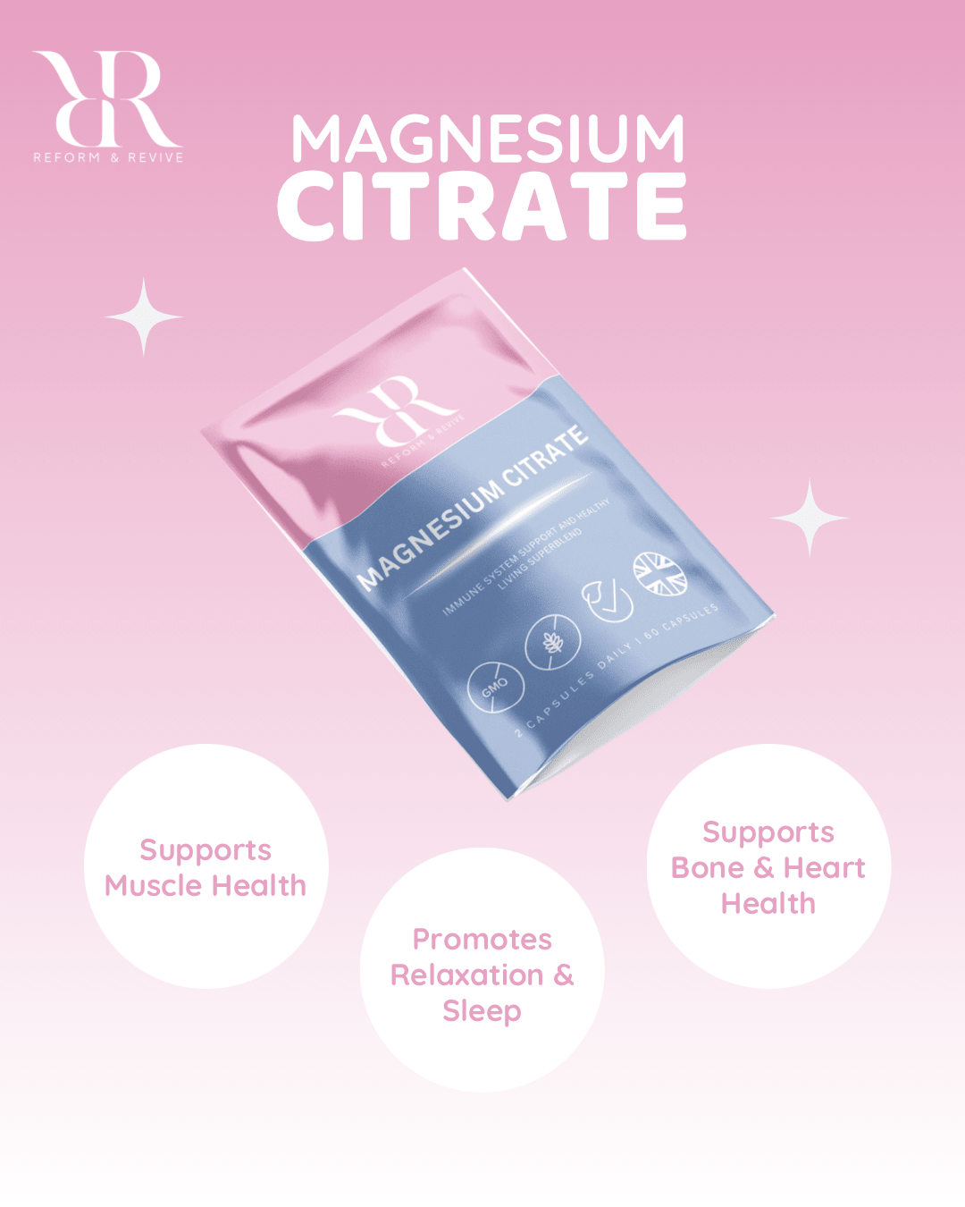 Reform and Revive Magnesium Citrate+ vitamins bottle labeled Muscle & Calm Wellness Support, showing supplement packaging.