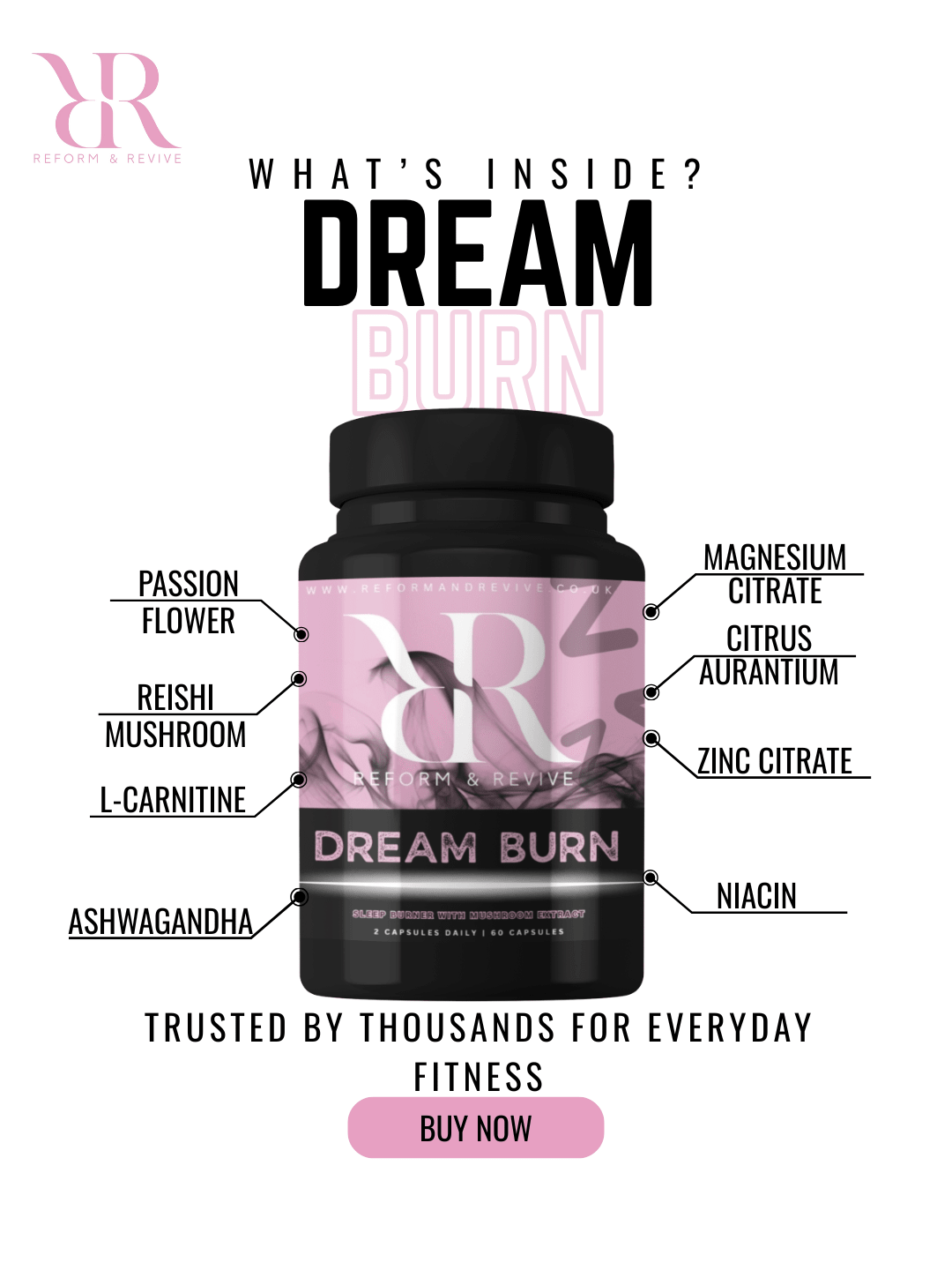 Reform and Revive DreamBurn Nighttime Wellness Formula vitamin bottle with label showing supplement details and branding.