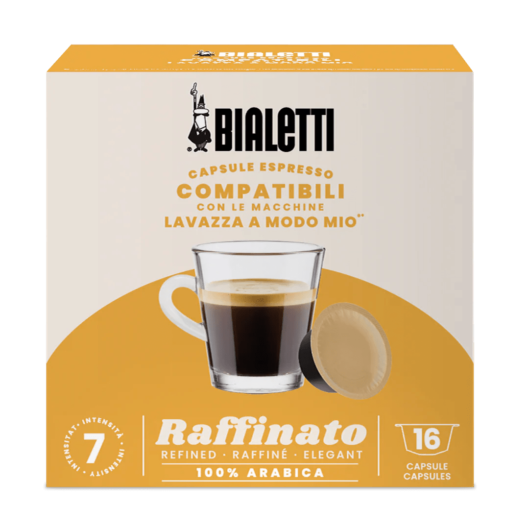 Bialetti Brew Italia Lavazza A Modo Mio compatible coffee capsules for espresso machines, shown in a row with packaging.