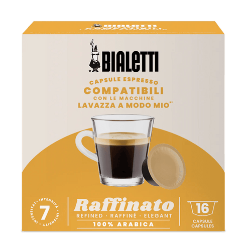 Bialetti Brew Italia Lavazza A Modo Mio compatible coffee capsules for espresso machines, shown in a row with packaging.