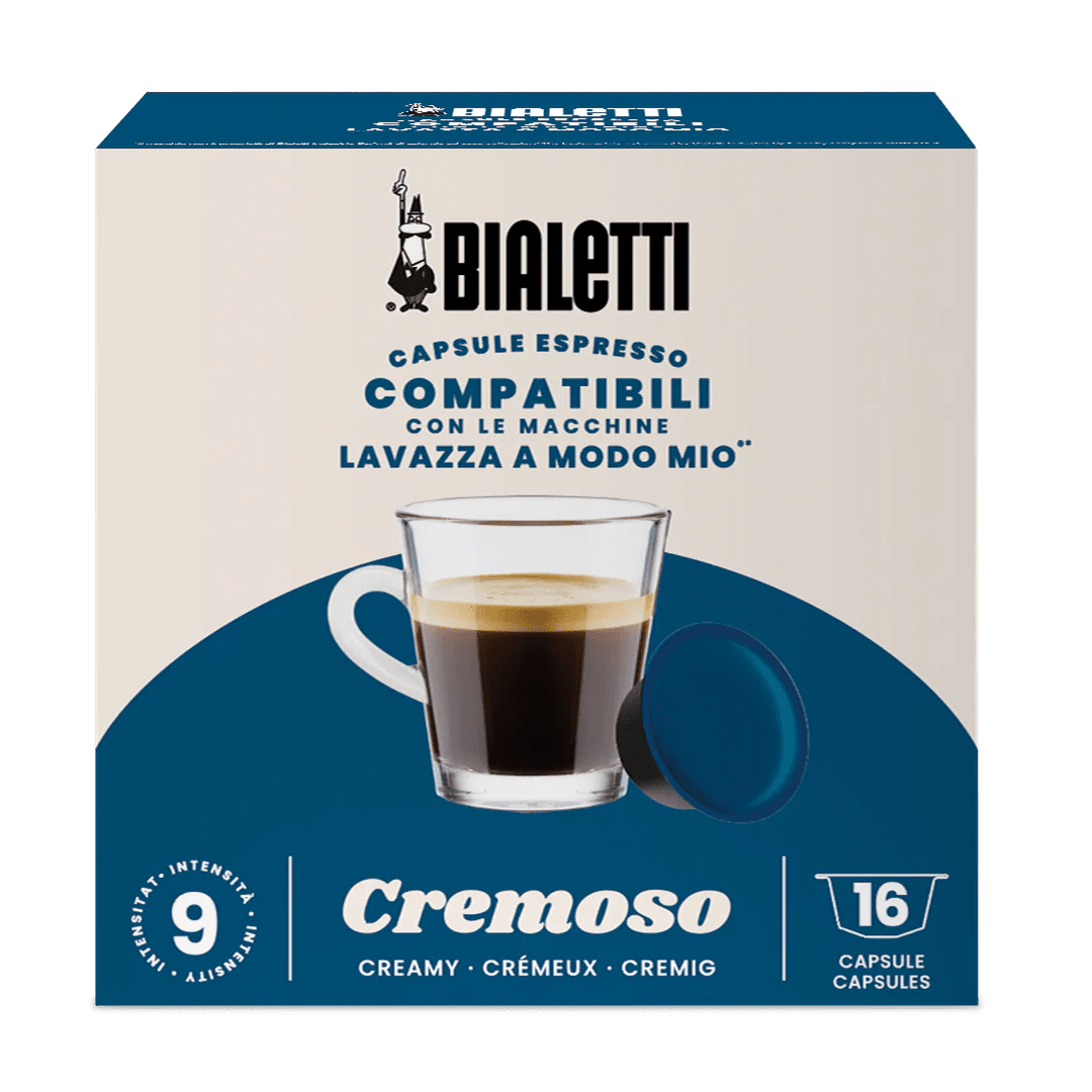 Bialetti Brew Italia Lavazza A Modo Mio compatible capsules, coffee pods for espresso machines, in a row with packaging.