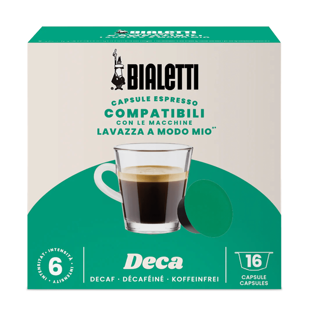 Bialetti Brew Italia Lavazza A Modo Mio compatible coffee capsules in their packaging, designed for Bialetti espresso machines