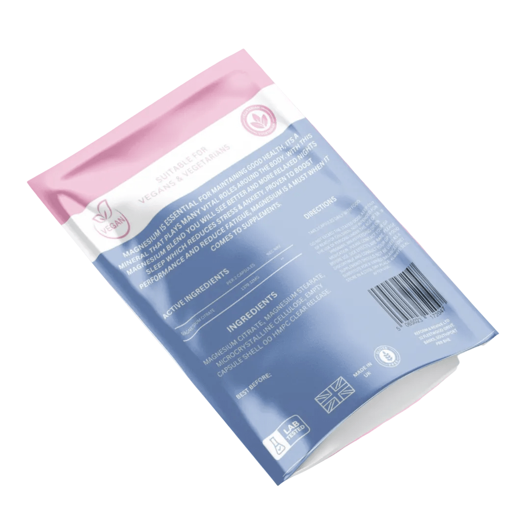 Reform and Revive Magnesium Citrate+ vitamins bottle for muscle and calm wellness support with label and cap visible.