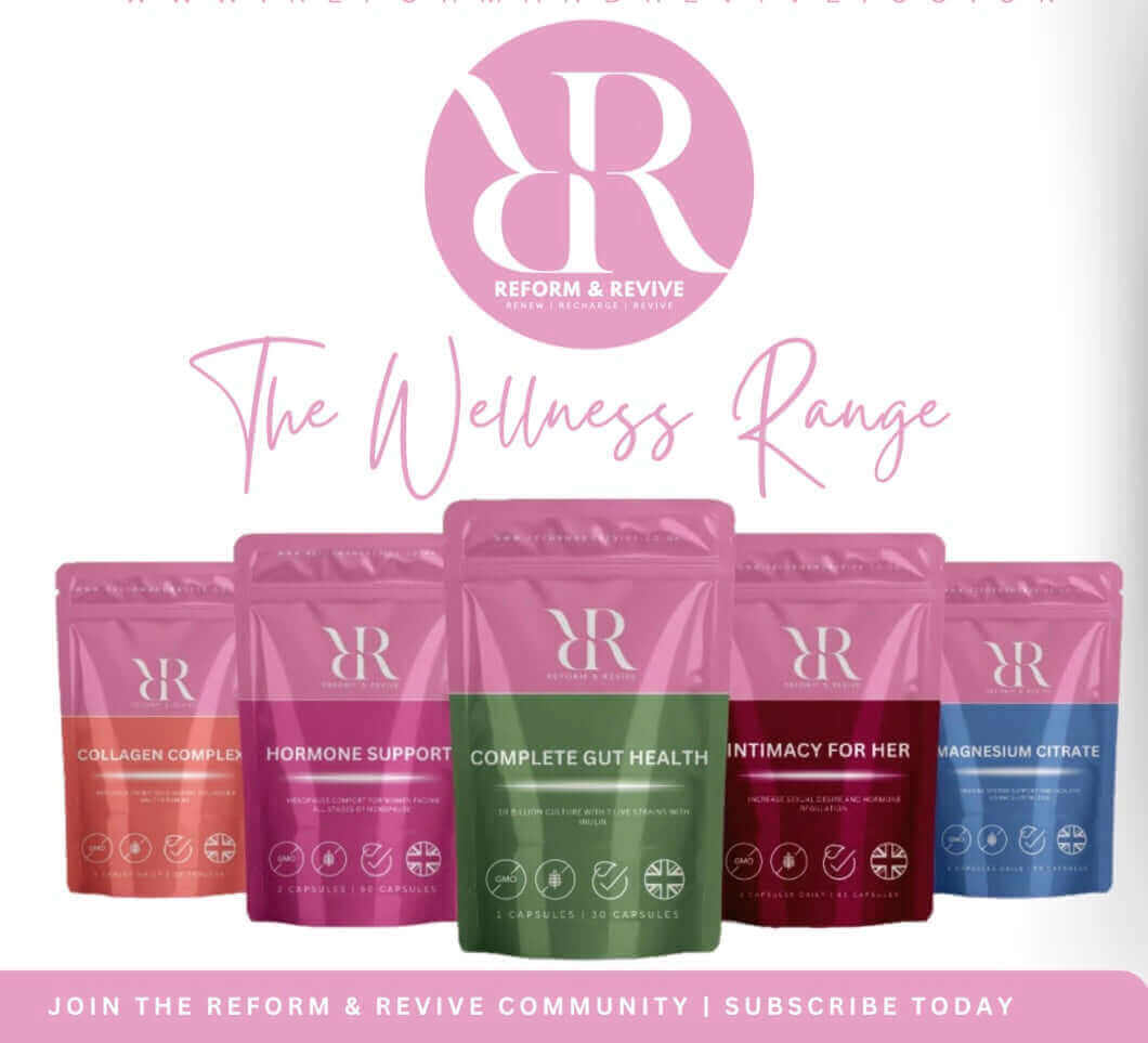 Reform and Revive Collagen Complex vitamins for skin, hair, and beauty support, showing a bottle with capsules and natural ingredients.