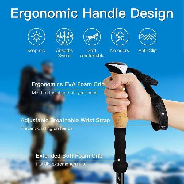 HikeWare Night Cat folding trekking poles for hiking, adjustable aluminum hiking poles with ergonomic grips and wrist straps.