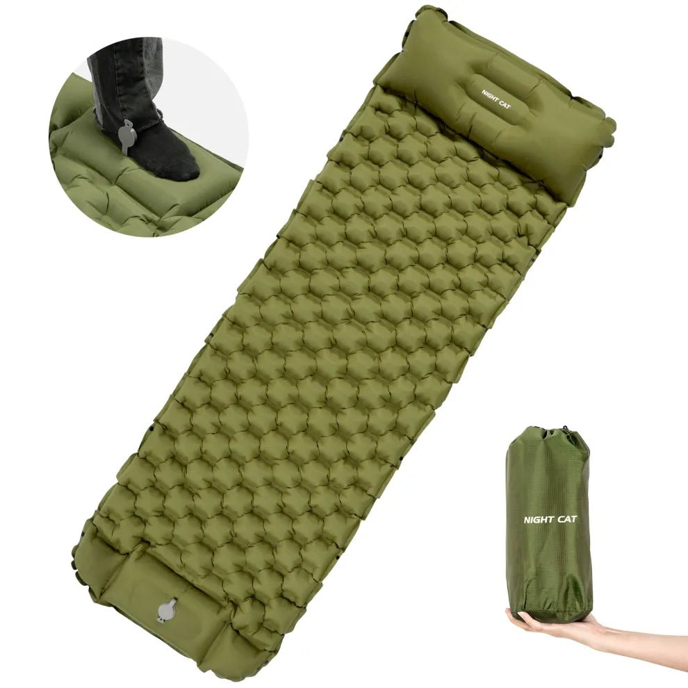 HikeWare Night Cat inflatable sleeping air pad with pillow, outdoor camping sleeping pad for comfort and portability