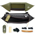 HikeWare Night Cat Hammock Tent set up outdoors, featuring durable fabric and a secure hanging design for camping and relaxation.