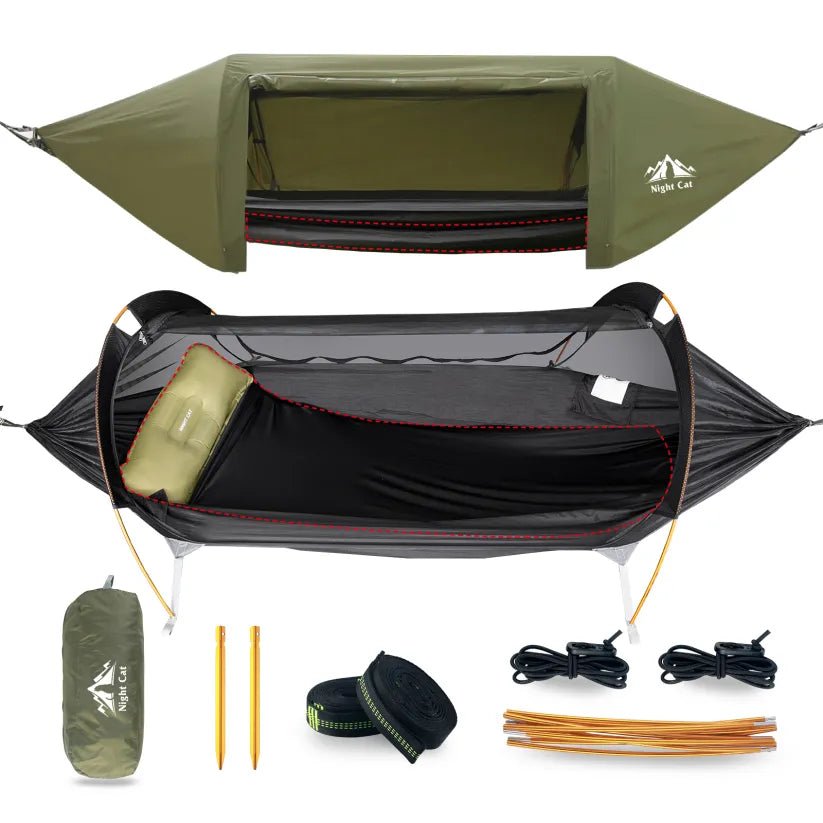 HikeWare Night Cat Hammock Tent hanging outdoors with cozy fabric and sturdy straps, ideal for camping and outdoor adventures.