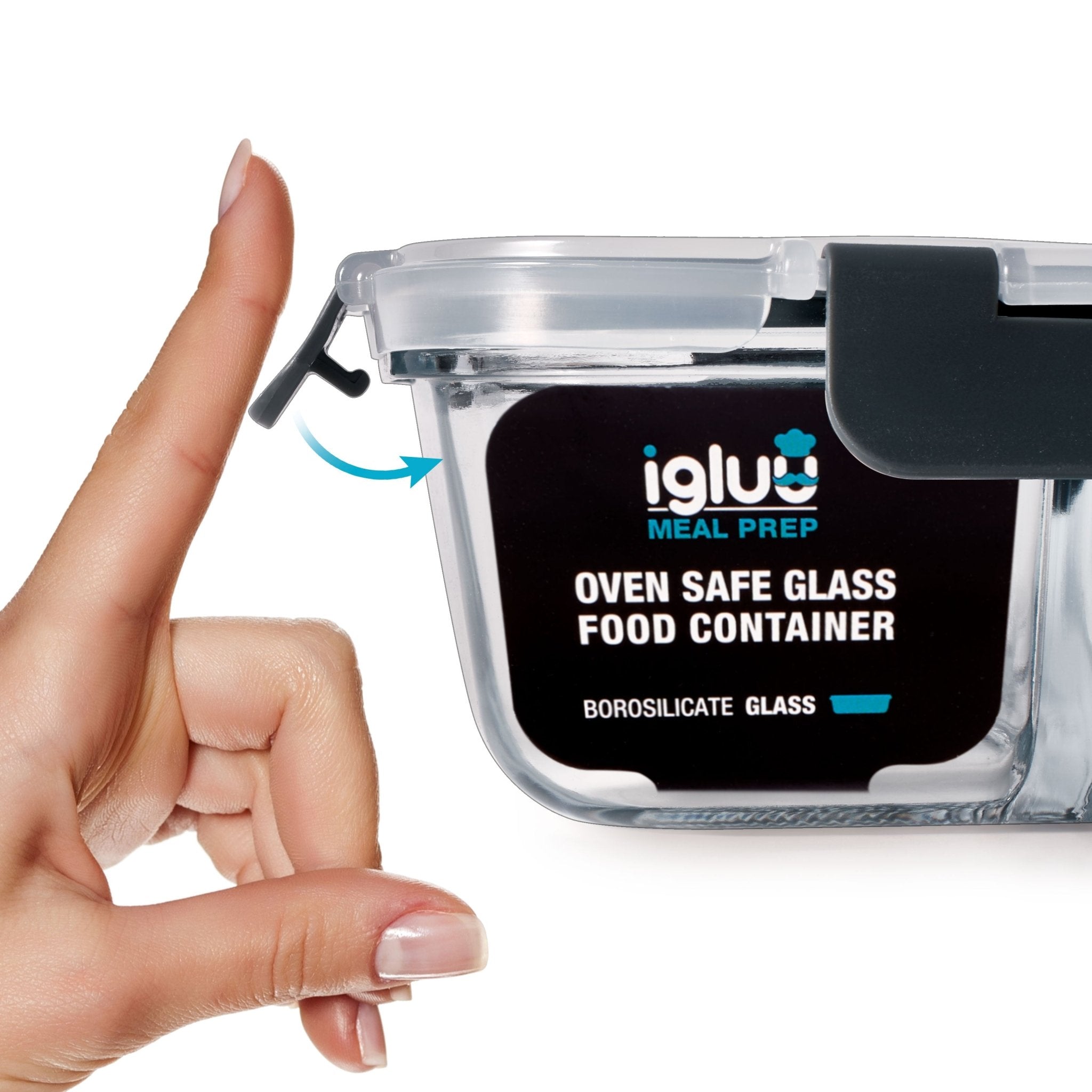 Three Igluu Meal Prep glass containers with 2 compartments and airtight lids, 980ml capacity each, for meal storage and organization.