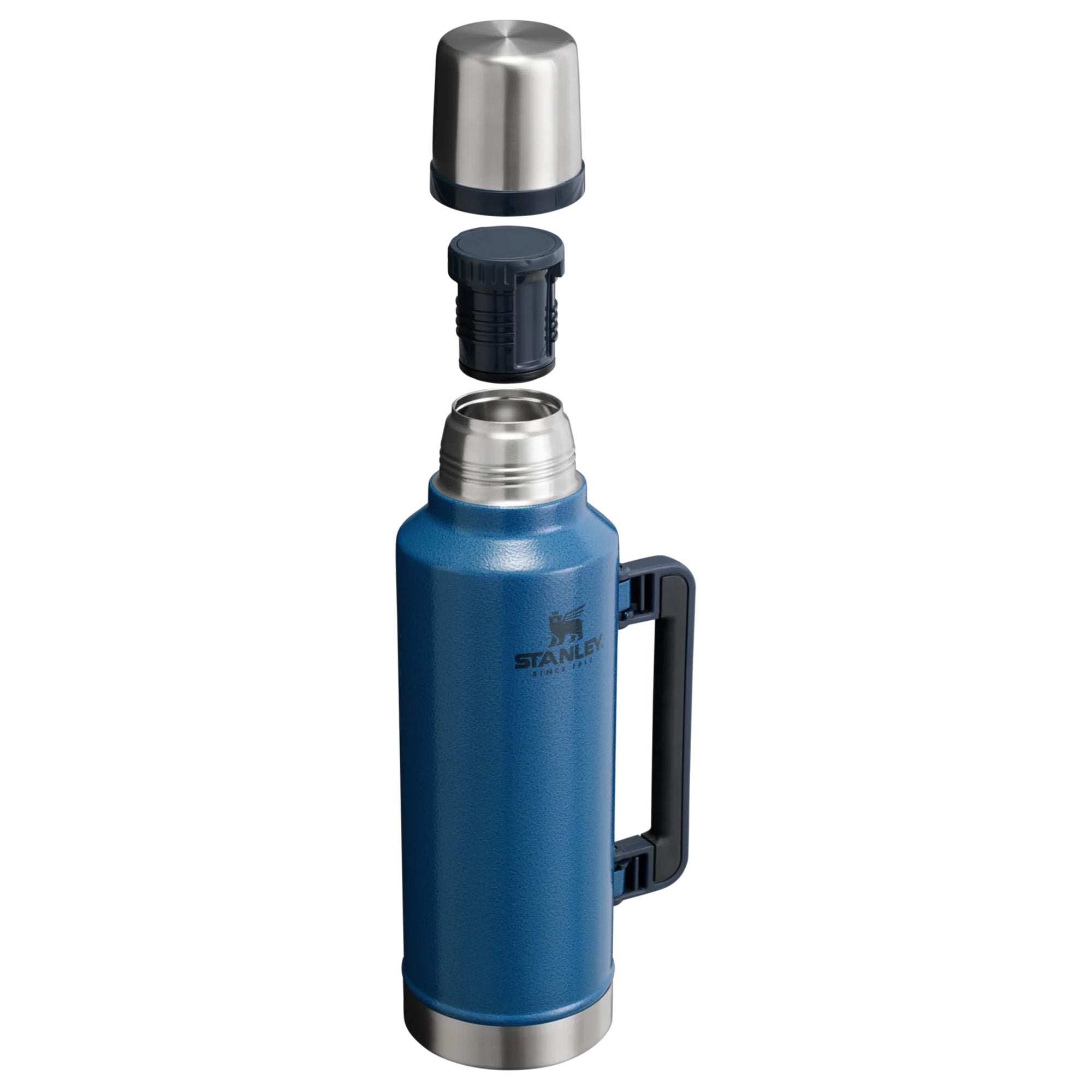 Stanley Legendary Classic 1.9L water bottle with black lid and durable stainless steel body, suitable for outdoor use.