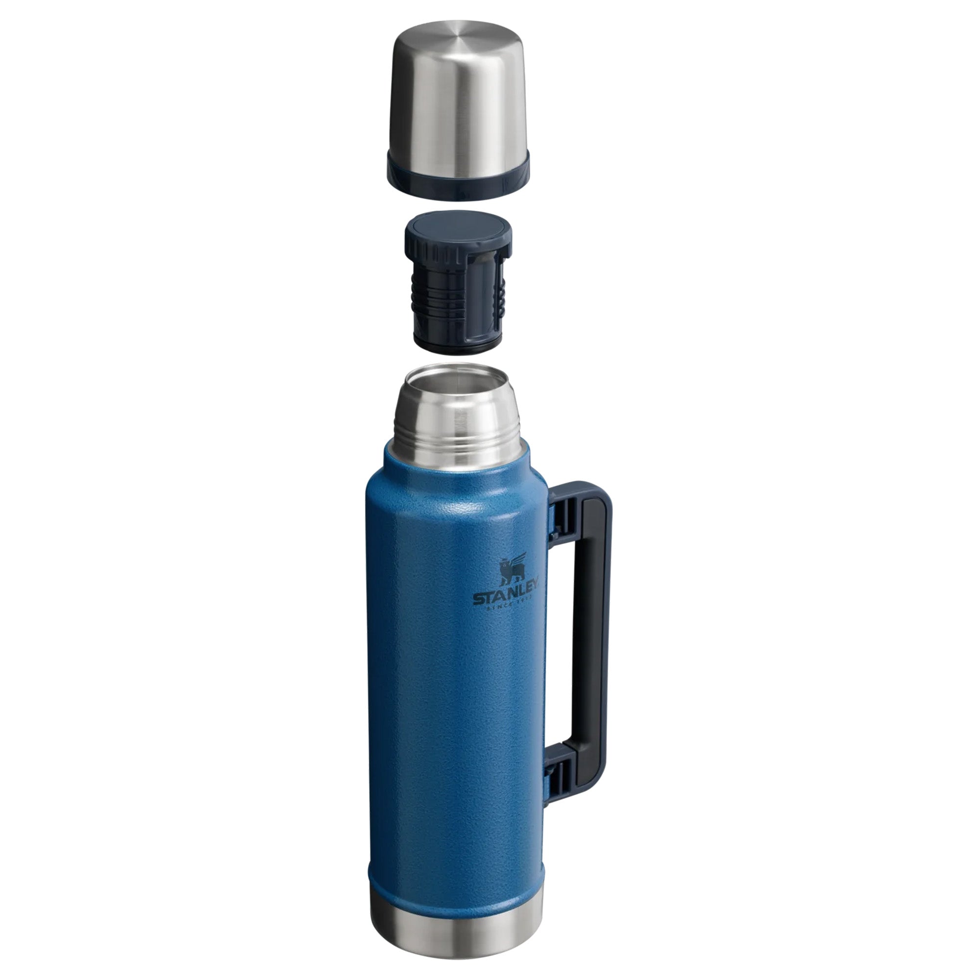 Stanley Legendary Classic 1.4L water bottle in stainless steel with black lid and handle, designed for durable hydration.