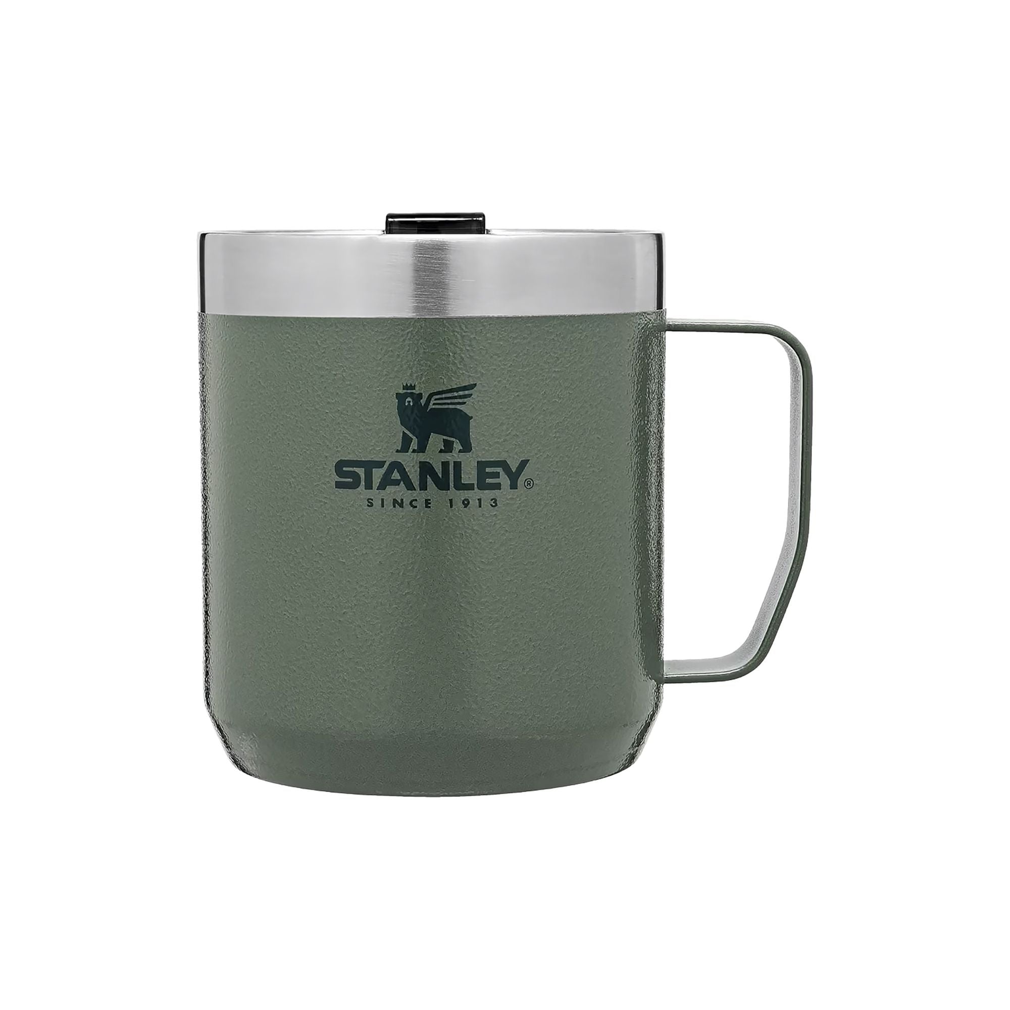 Stanley Stay Hot Camp Mug 0.35L travel mug with stainless steel design and black handle, ideal for hot beverages on the go.