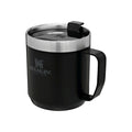 Stanley Stay Hot 0.35L travel camp mug showing durable stainless steel body and black insulated lid for outdoor use