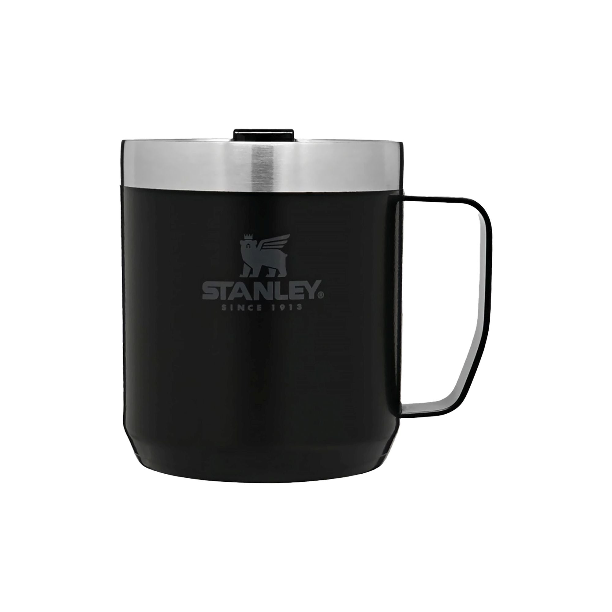 Stanley Stay Hot Camp Mug 0.35L travel mug with stainless steel body and black handle, ideal for hot beverages on the go