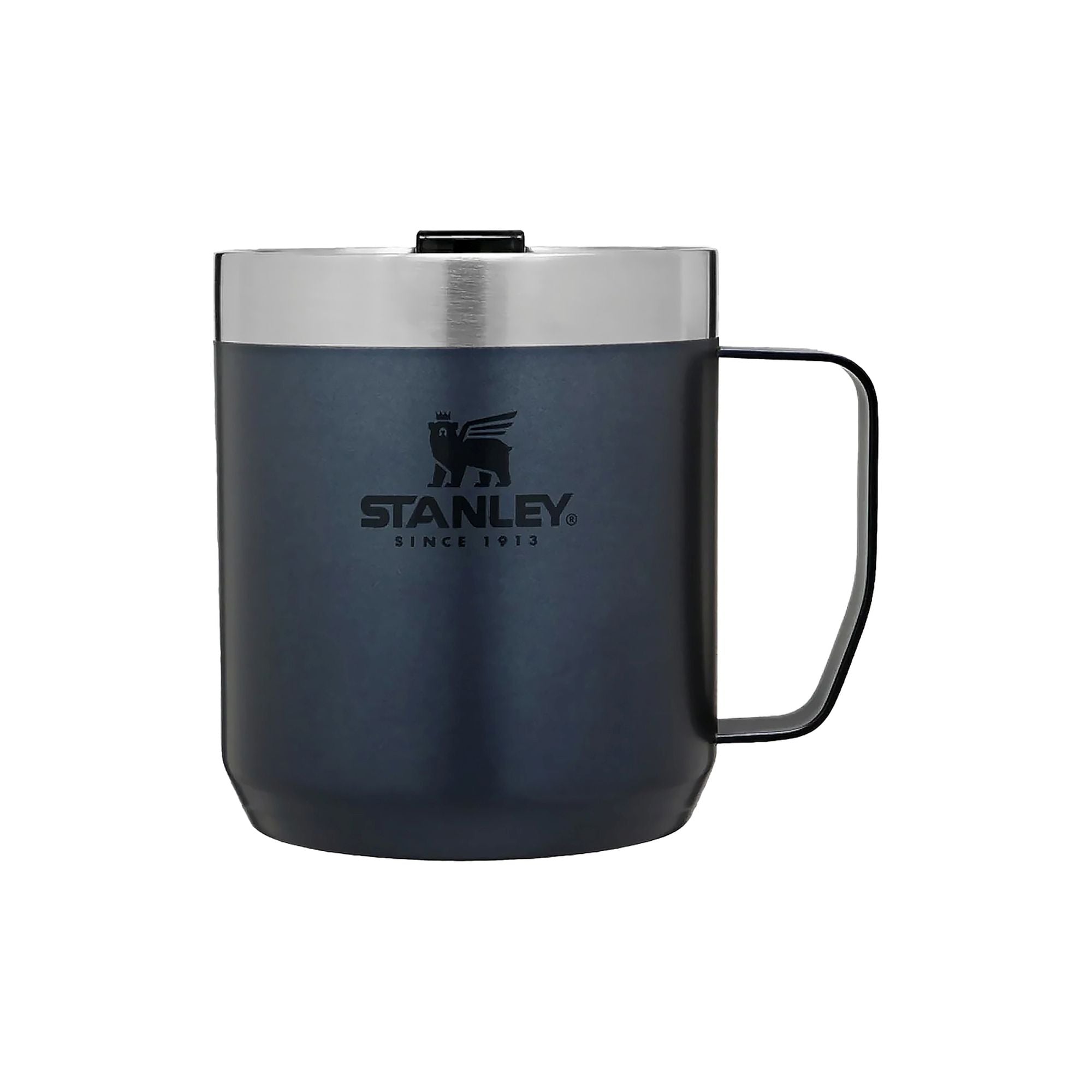 Stanley Stay Hot Camp Mug 0.35L travel mug with insulated stainless steel body and black handle, designed for outdoor use.