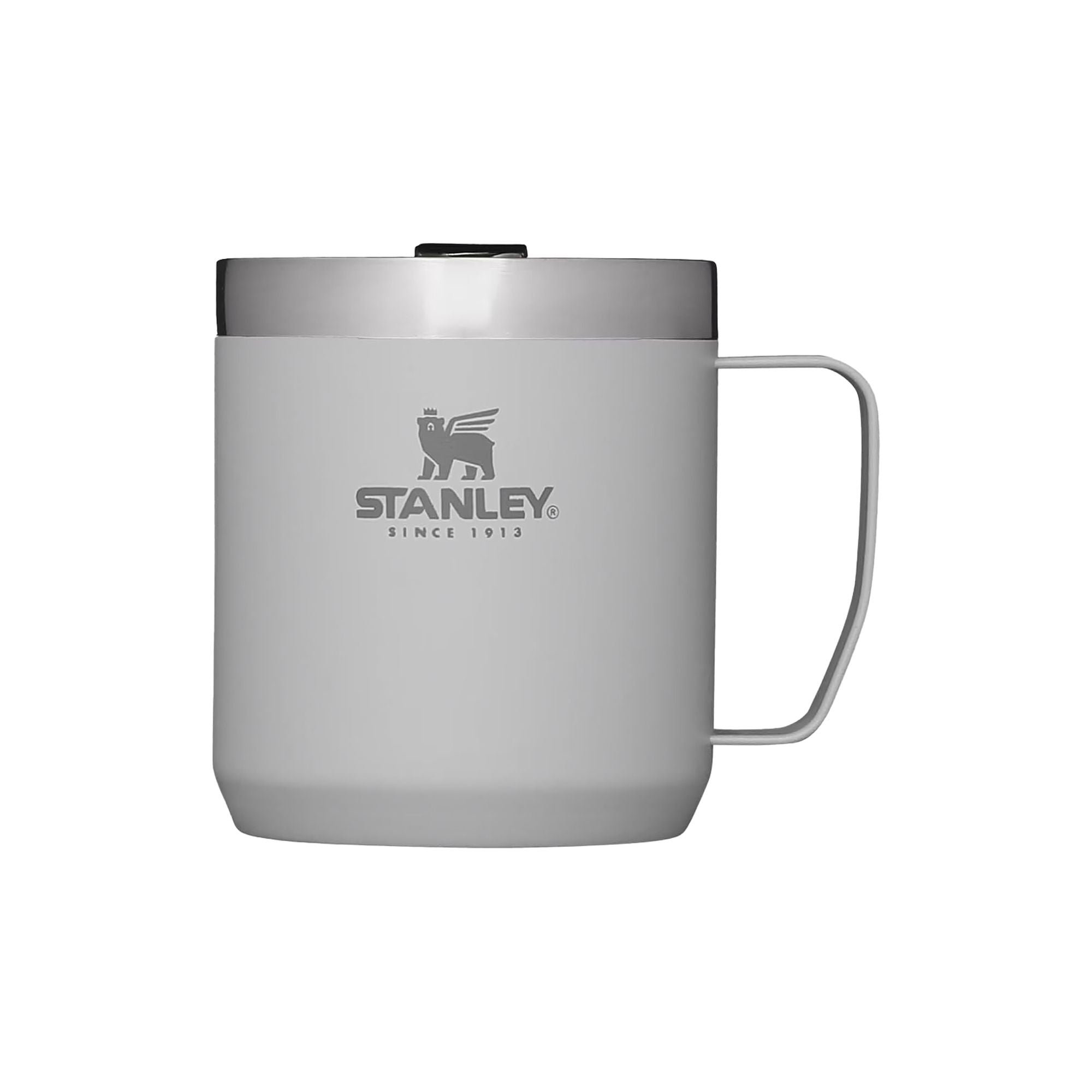 Stanley Stay Hot camp travel mug 0.35L with a sturdy handle and spill-resistant lid, perfect for outdoor hot beverages.