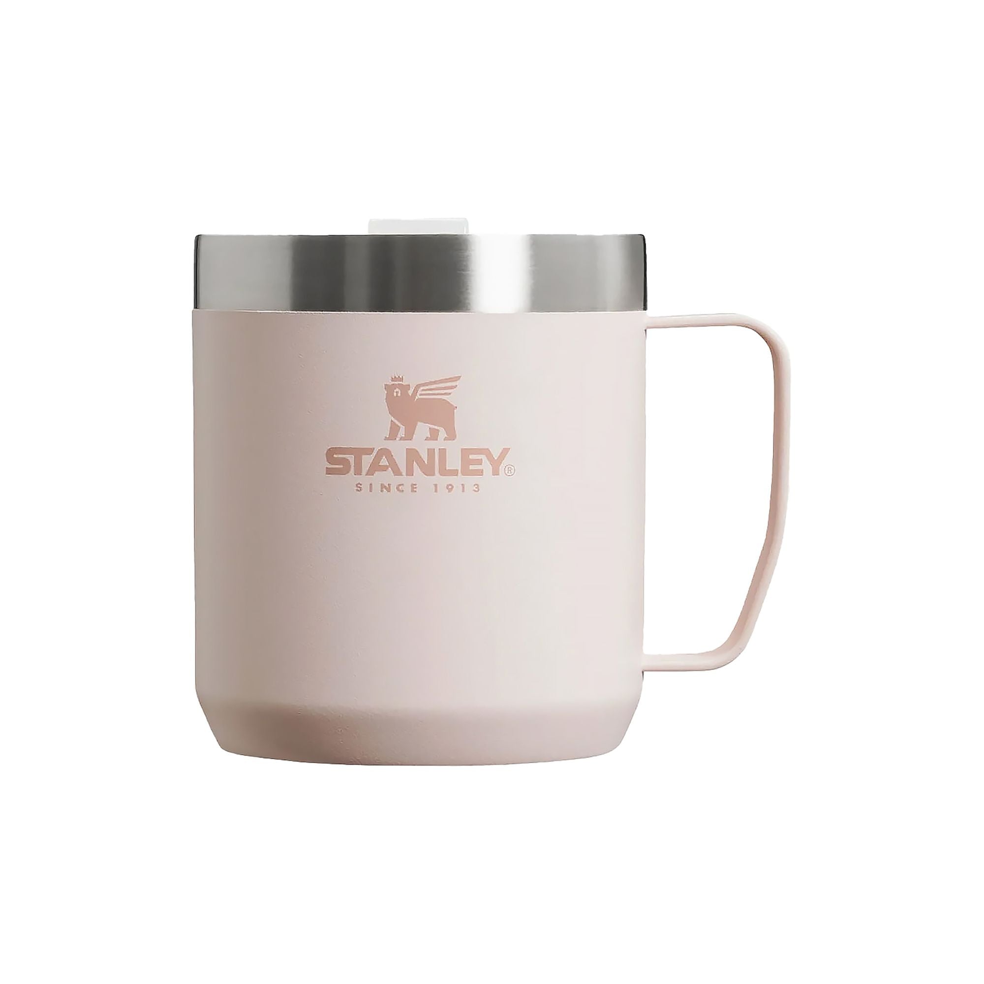 Stanley Stay Hot Camp Mug 0.35L travel mug with stainless steel construction and black handle, ideal for hot beverages on the go.