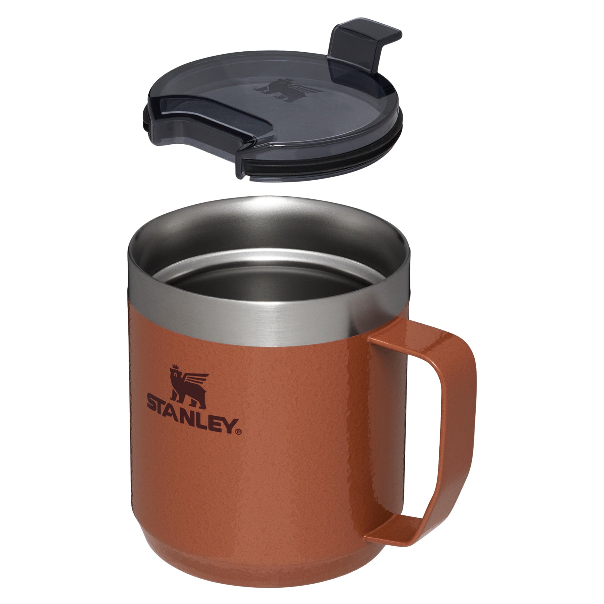 Stanley Stay Hot Camp Mug 0.35L travel mug with a sturdy handle and stainless steel body, ideal for hot beverages on the go.