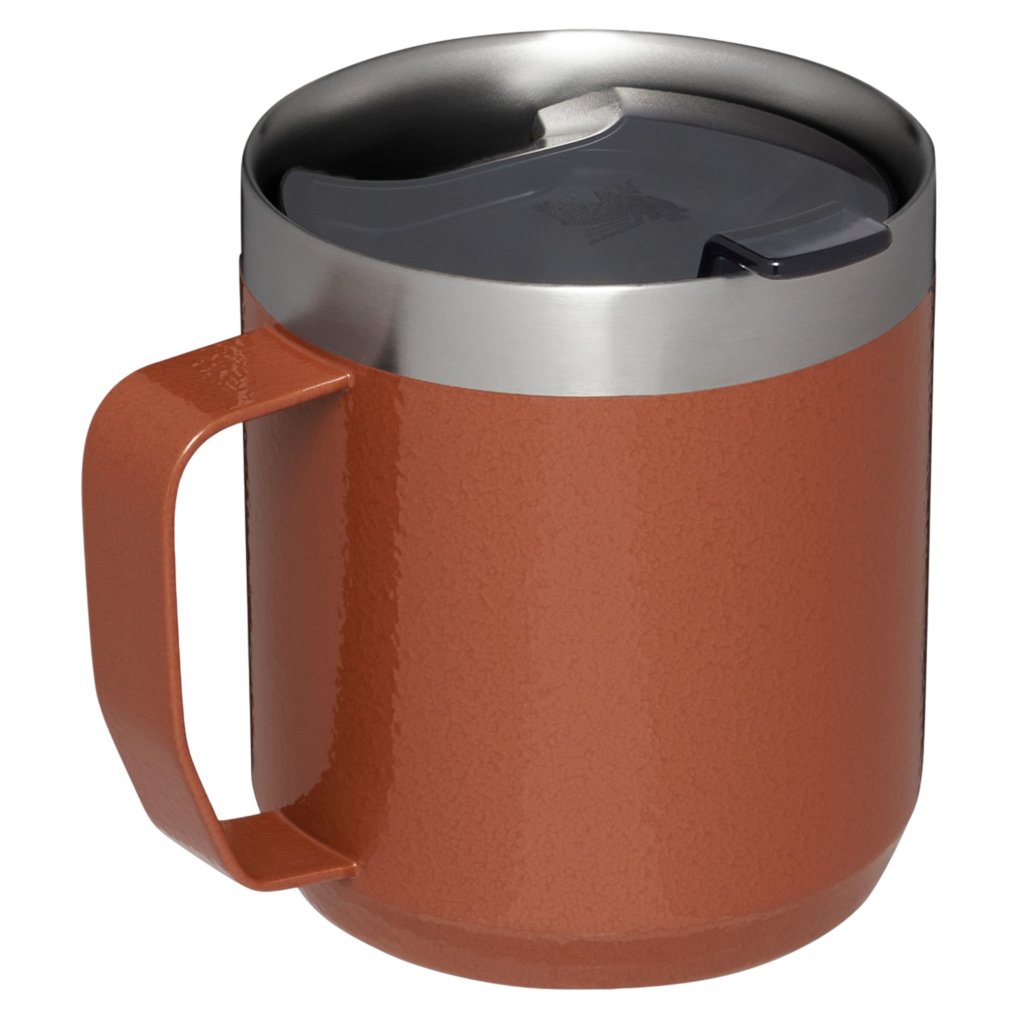 Stanley Stay Hot Camp Mug 0.35L travel mug with stainless steel body and lid, ideal for hot beverages during camping trips.