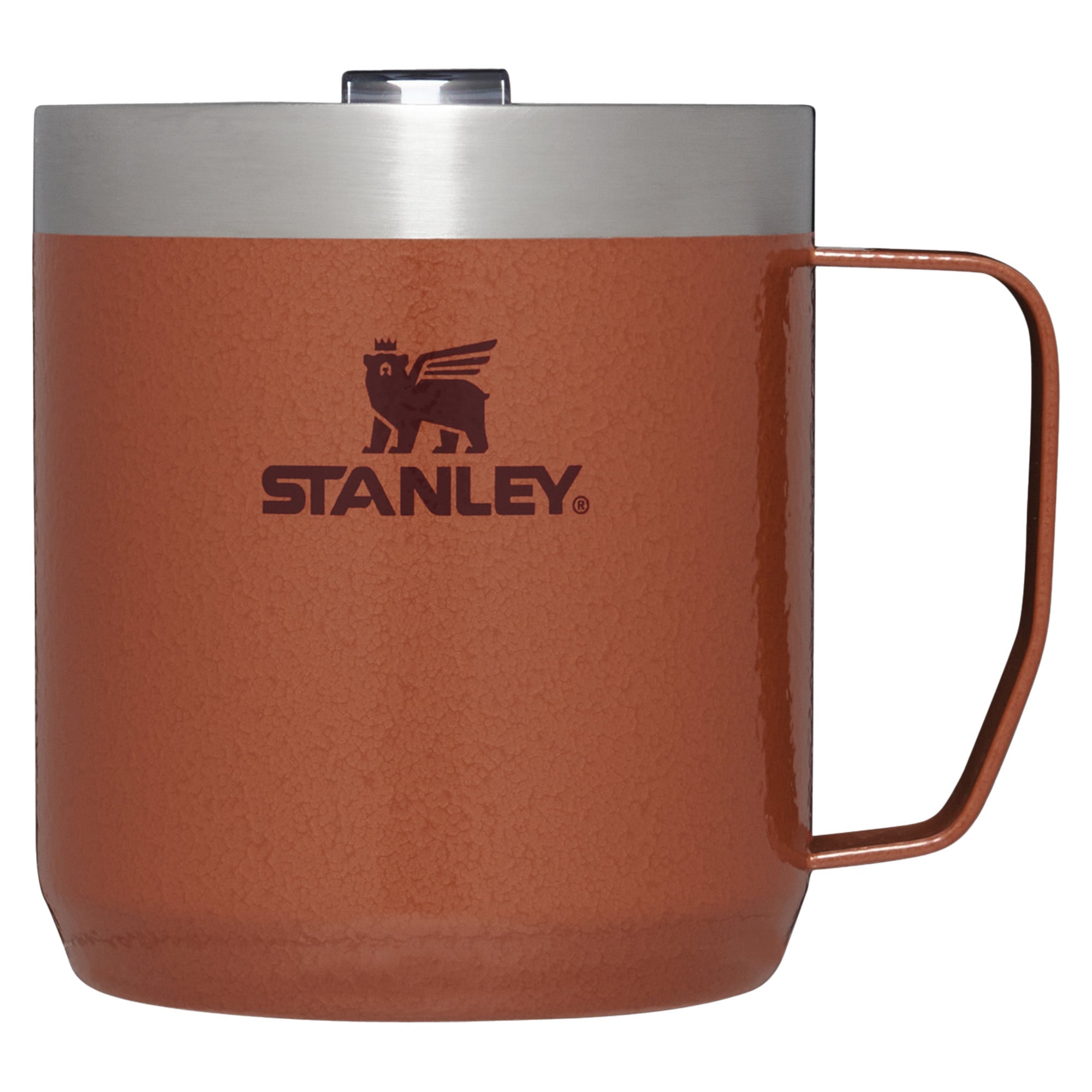 Stanley Stay Hot 0.35L travel camp mug in stainless steel with a black lid, designed for hot beverages during outdoor adventures.