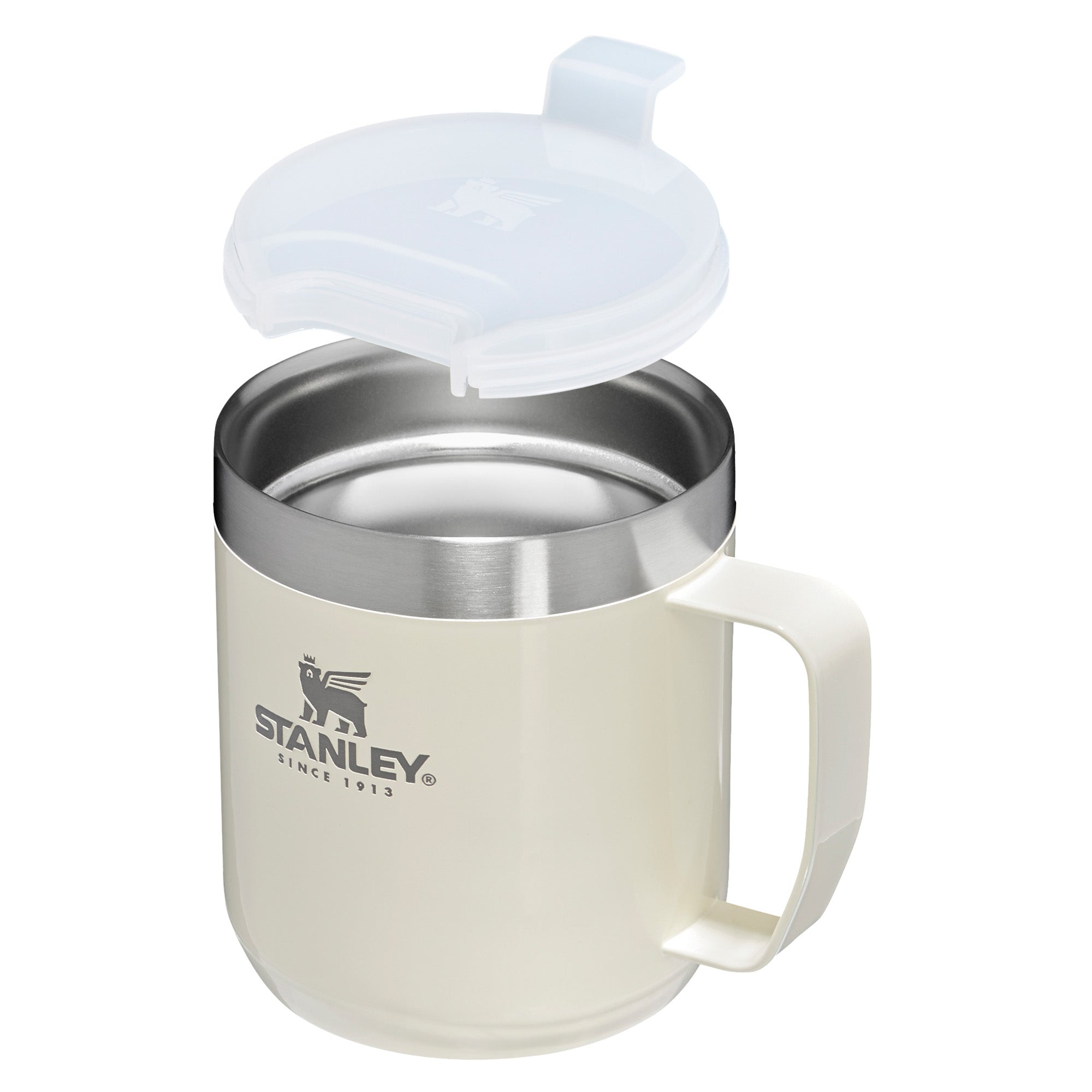Stanley Stay Hot Camp Mug 0.35L travel mug with stainless steel body and black lid, designed for hot beverage on the go.