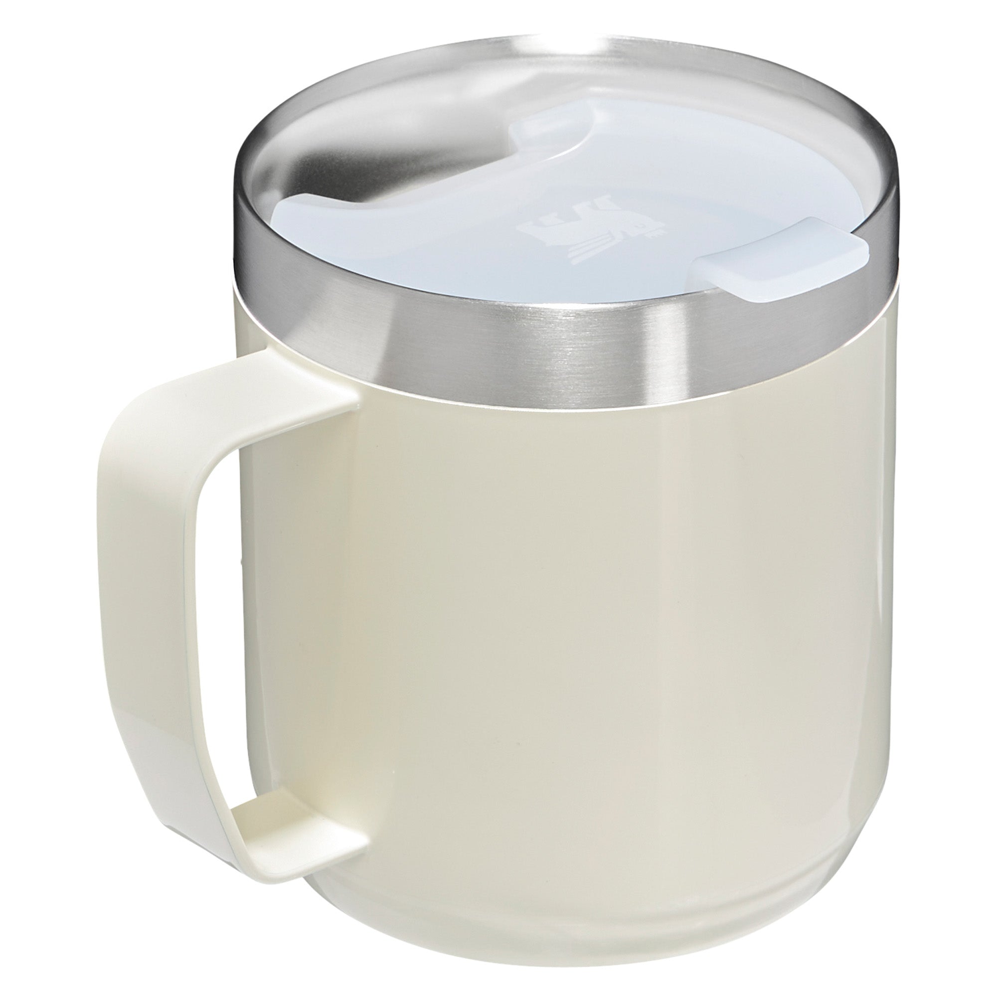 Stanley Stay Hot Camp Mug 0.35L travel mug with stainless steel design and secure lid for hot beverages.