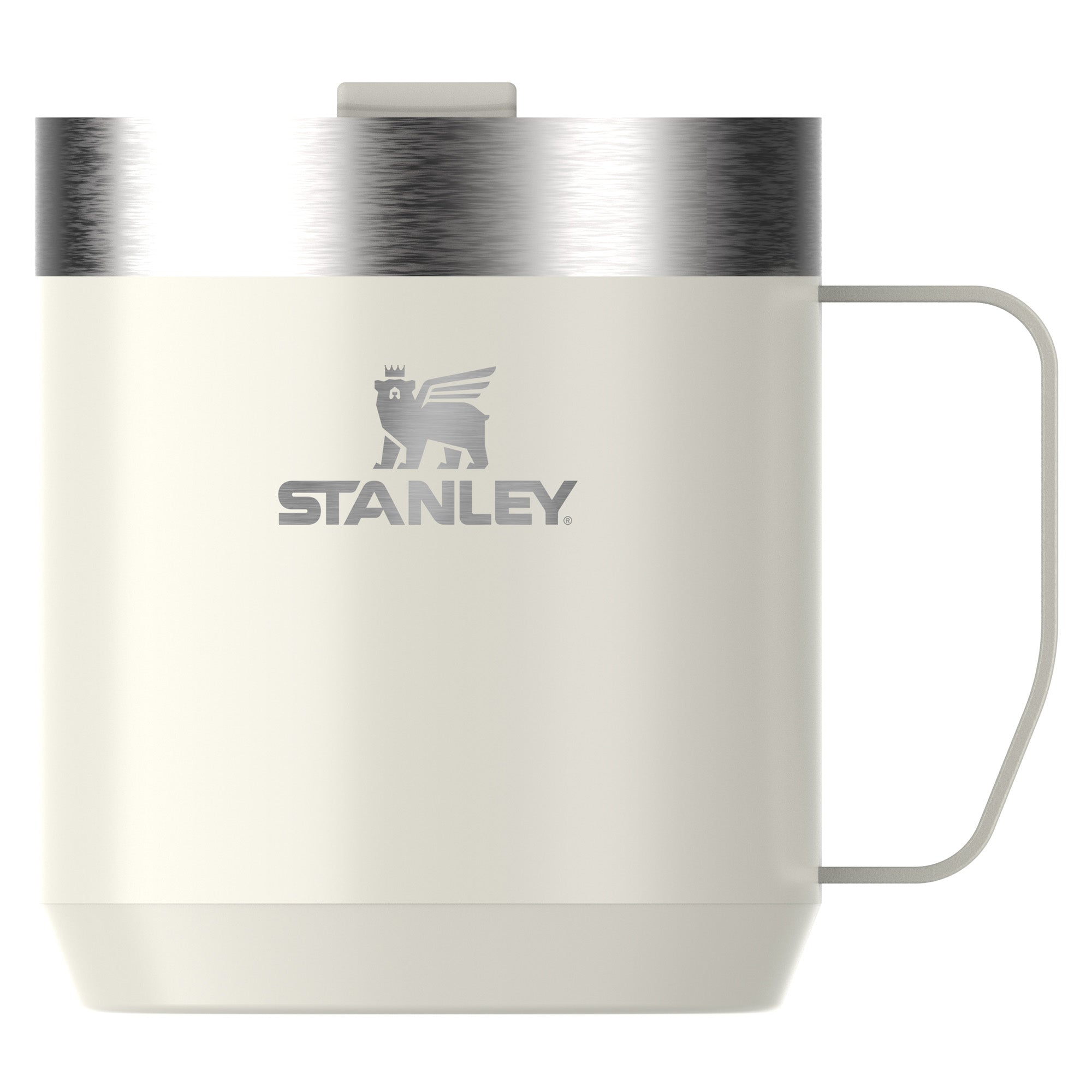 Stanley Stay Hot Camp Mug 0.35L travel mug with durable stainless steel body and leak-proof lid for hot beverages on the go.