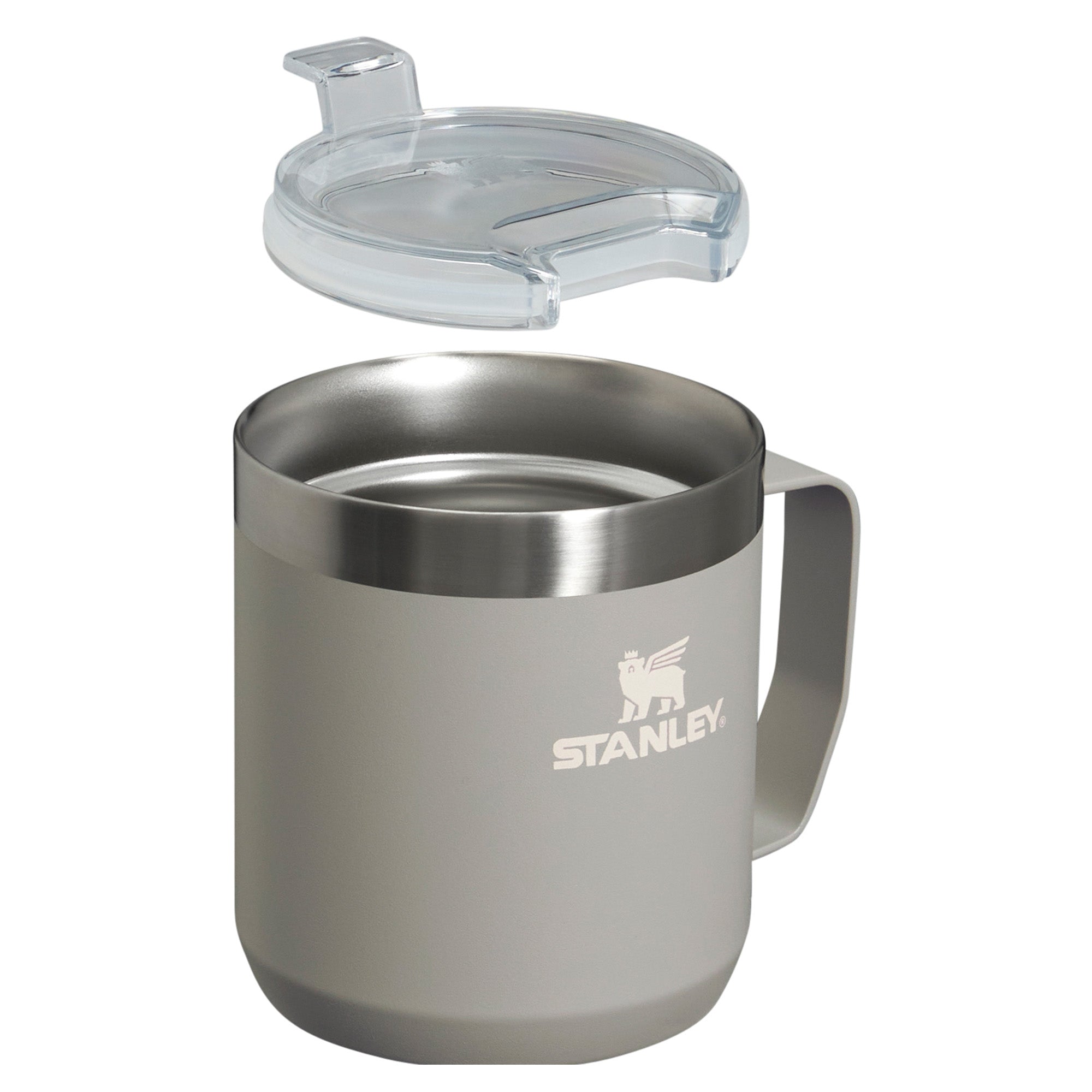 Stanley Stay Hot Camp Mug 0.35L in stainless steel with a black handle, ideal for hot beverages during camping or travel.