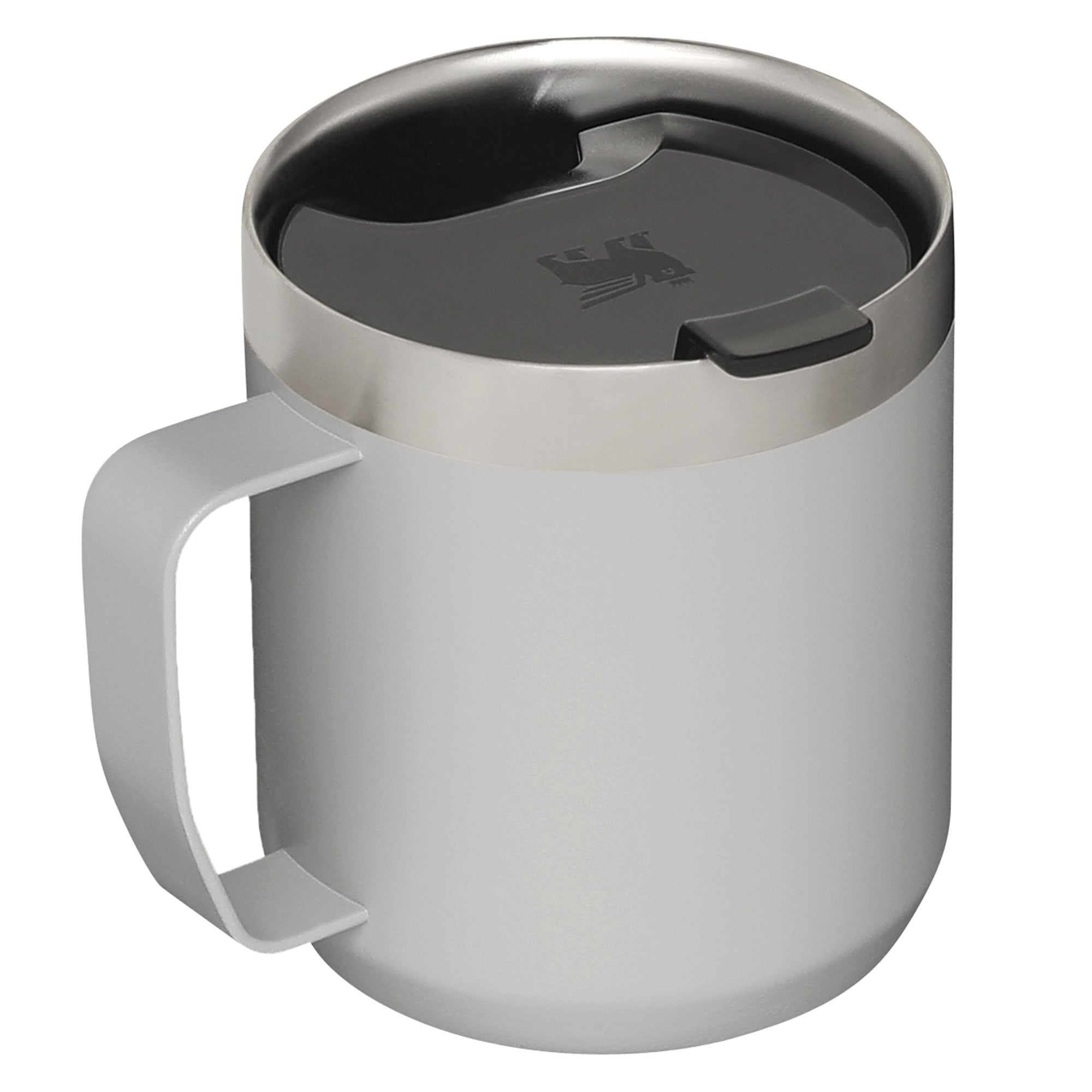 Stanley Stay Hot Camp Mug 0.35L travel mug with stainless steel design and spill-resistant lid for hot beverages.