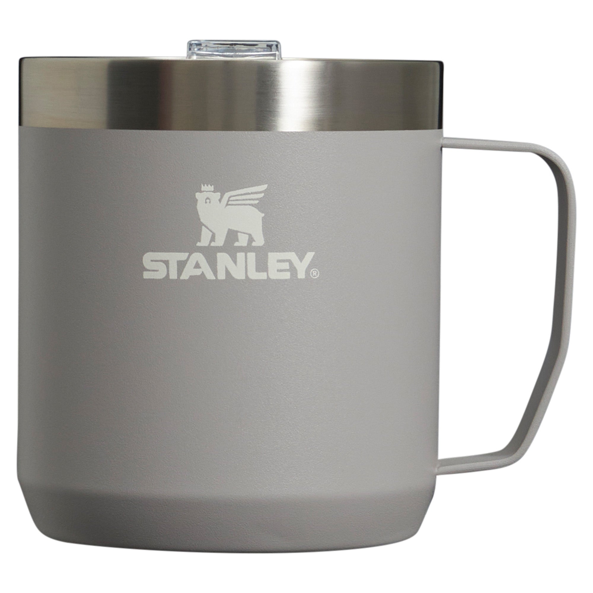 Stanley Stay Hot Camp Mug 0.35L, a durable travel mug with a handle and stainless steel body for hot beverages.
