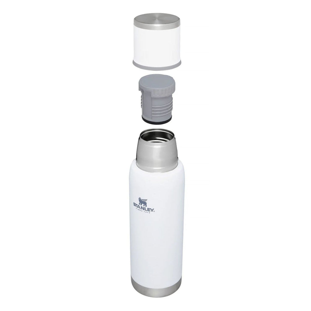 Stanley Adventure To Go 0.75L water bottle in stainless steel with a black screw-on lid and compact design for outdoor use.