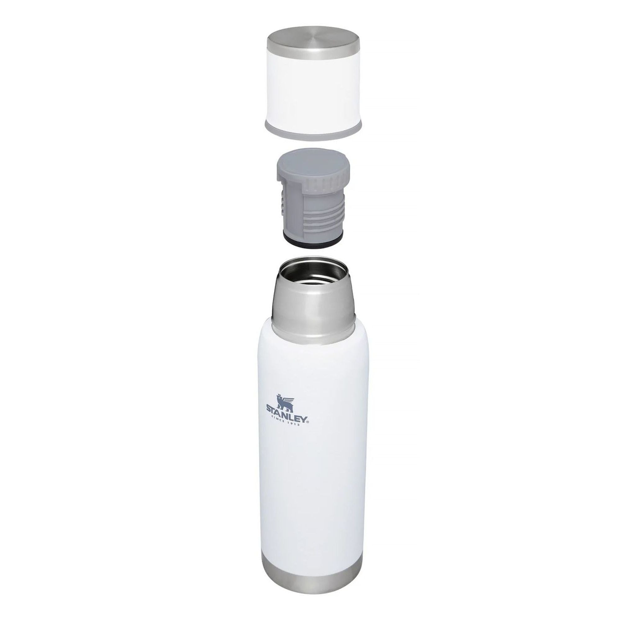 Stanley Adventure To Go 0.75L water bottle in stainless steel with a black screw-on lid and compact design for outdoor use.