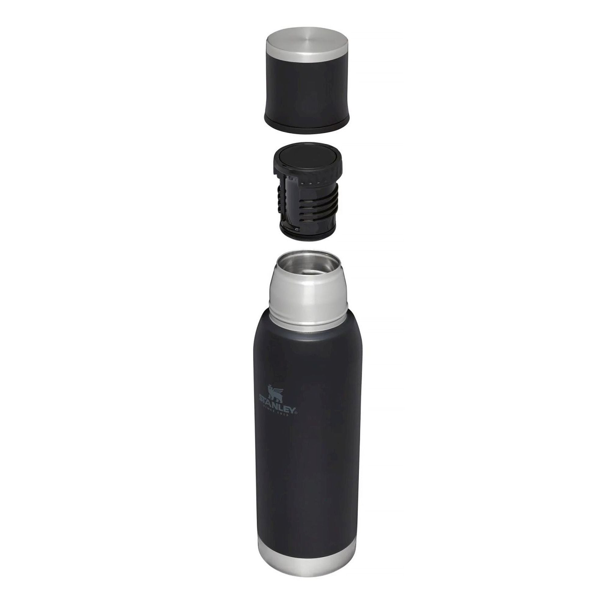 Stanley Adventure To Go 0.75L water bottle in stainless steel with a silver finish, featuring a screw-top lid and ergonomic design.