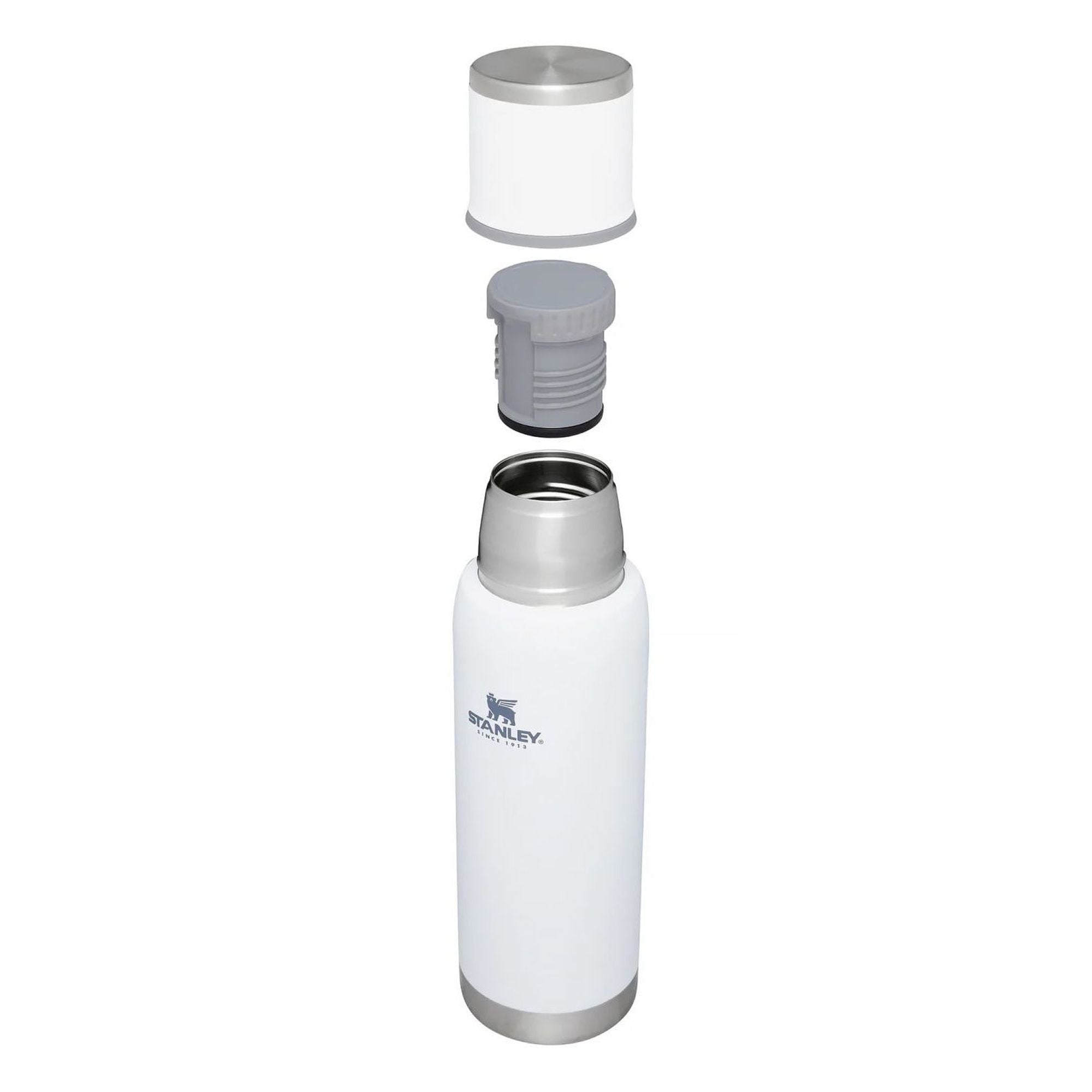 Stanley Adventure To Go 1.0L water bottle in square shape with black lid and stainless steel body, ideal for outdoor hydration.